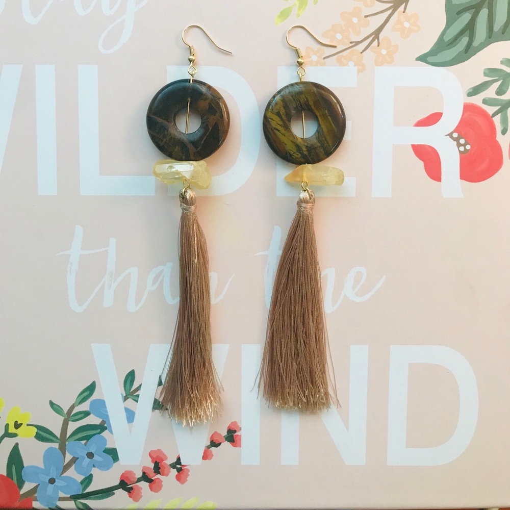 Wood/yellow jewel Fringe earrings